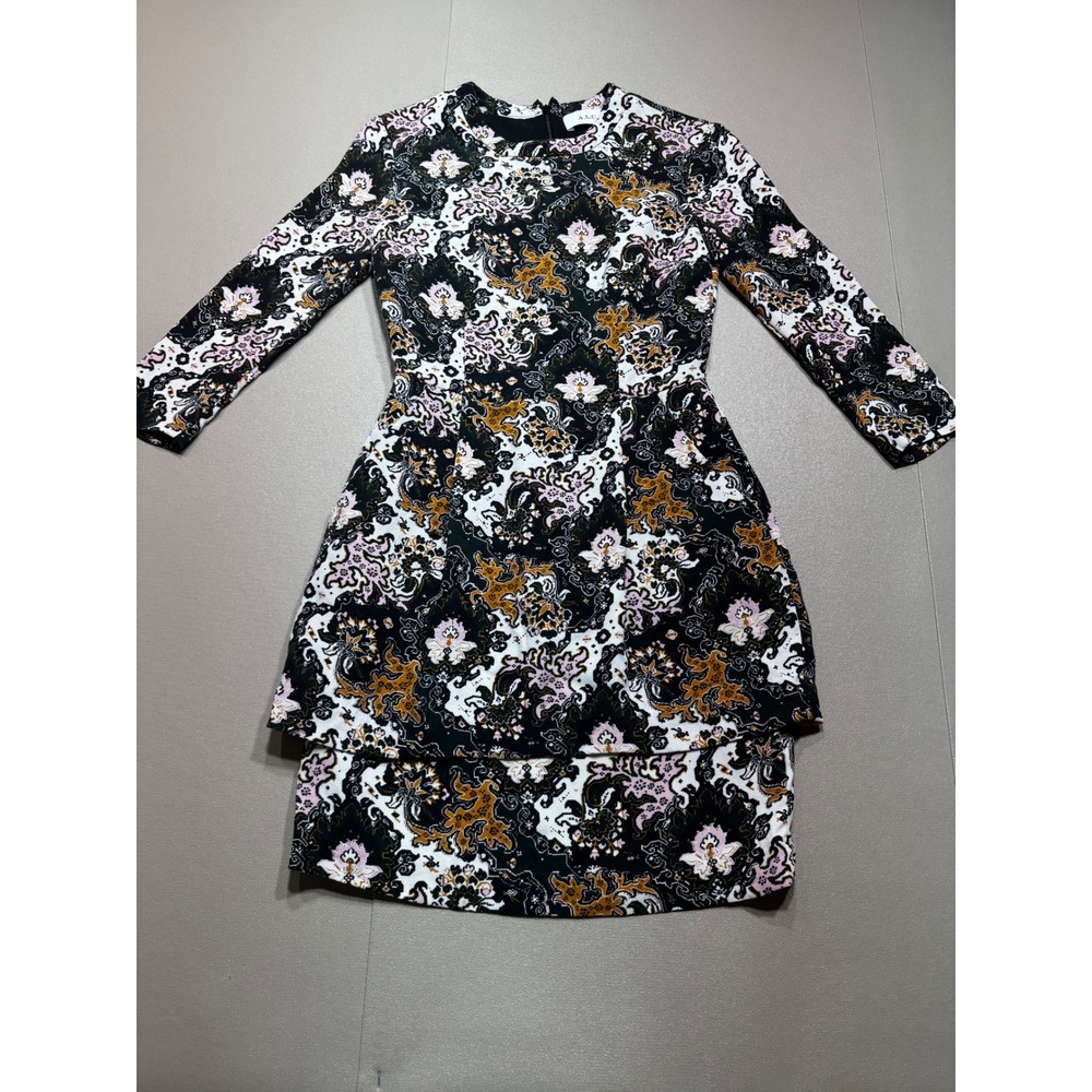 A.L.C. Paisley Floral Layered Hem Mini Dress Black Pink Ochre Size 0